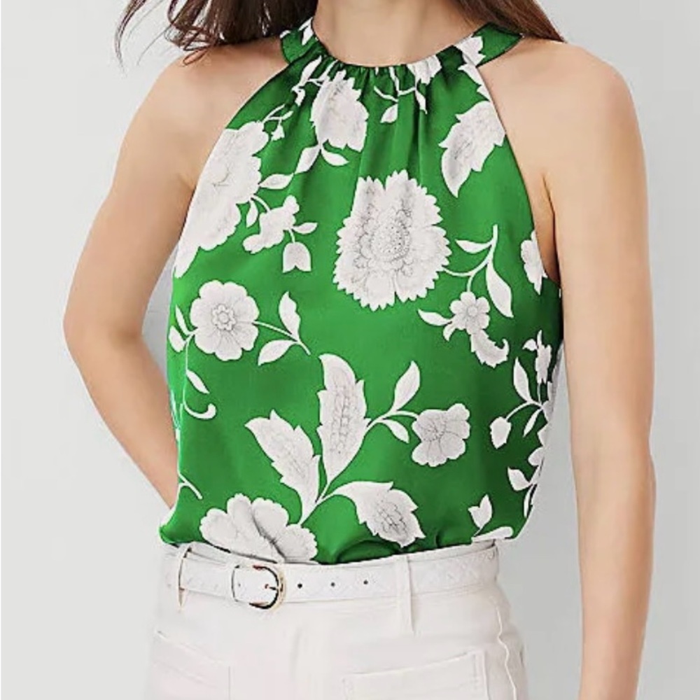 Ann Taylor Green Floral Halter Blouse silky sz L Petite